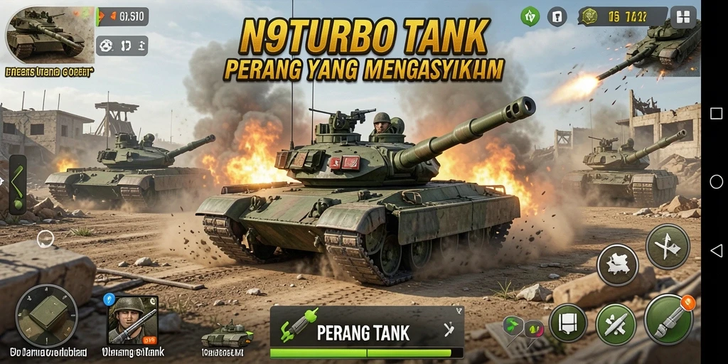 Antarmuka menarik N9TURBO dengan aksi Perang Tank yang menegangkan.